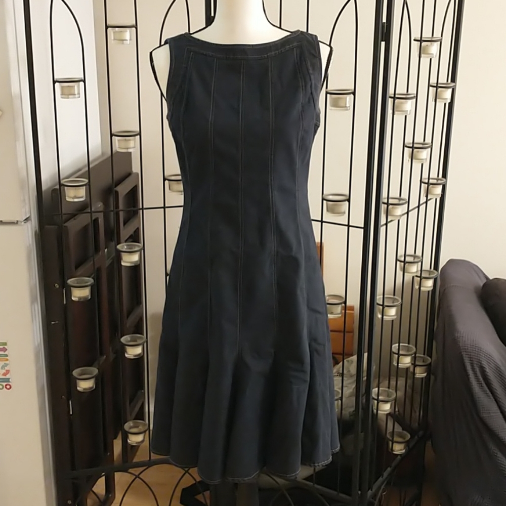 Sandra Darren denim dress flare skirt boat neck 6